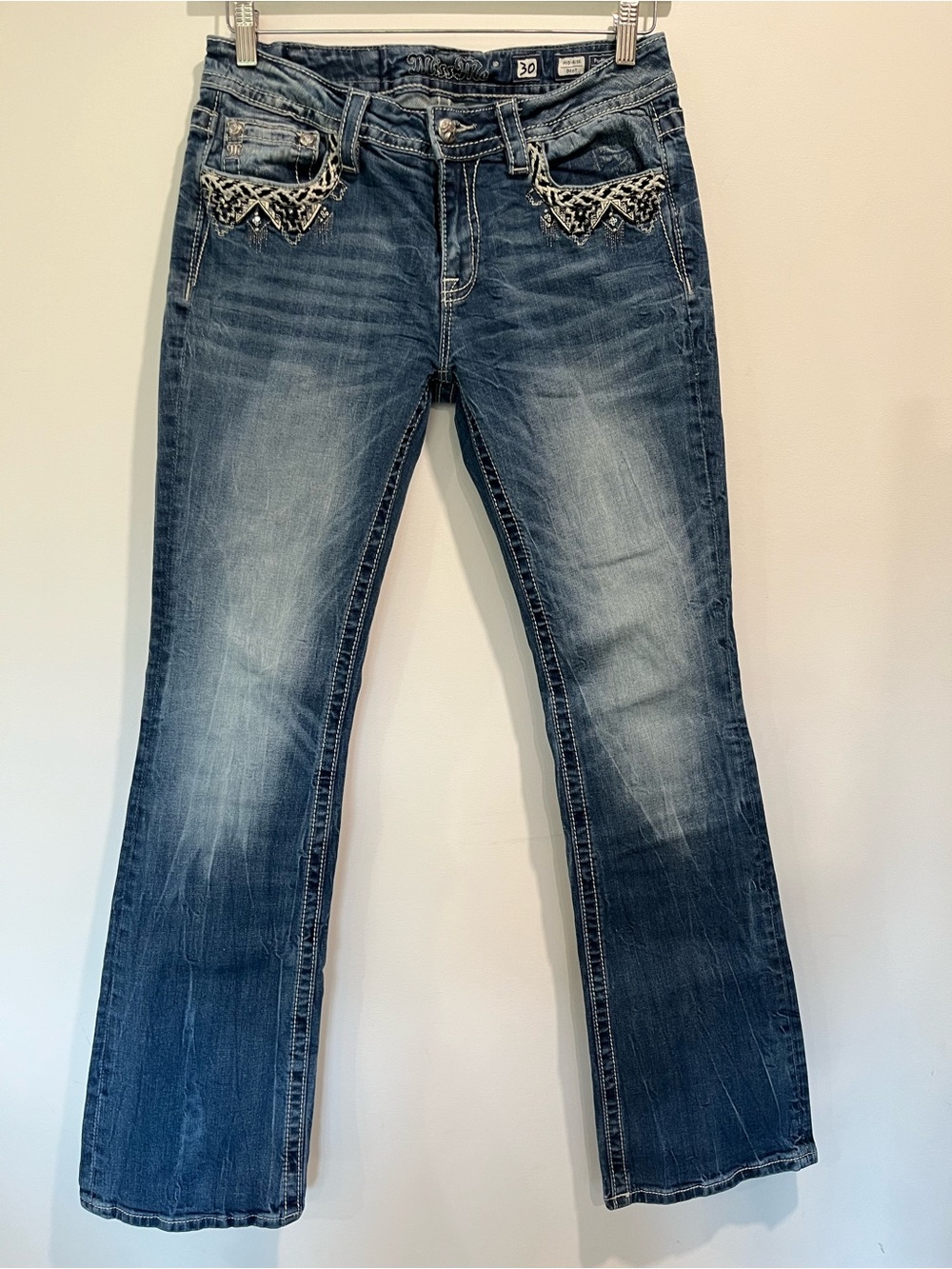 Y2K Miss Me Boot Cut Blue Jeans Size 30 Woven Embellished Pockets Rhinestone